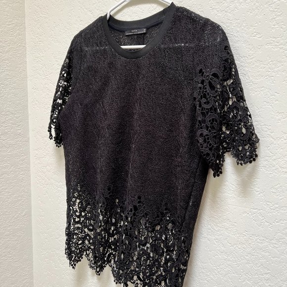 Zara Women's Textured Lace Top Blouse Short Sleeve Black Size - Picture 2 of 4